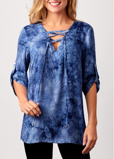 ROTITA Tie Dye Blue Lace Up Blouse