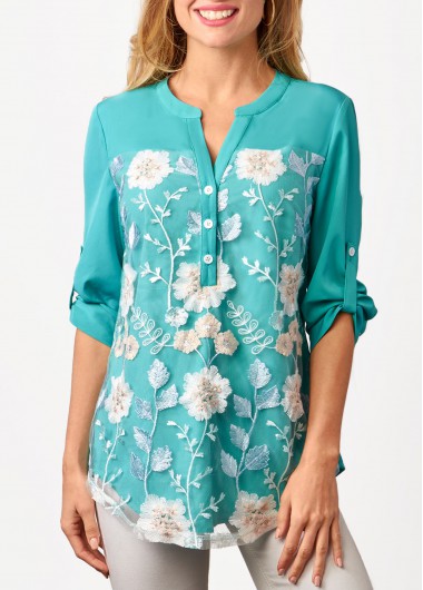 Mesh Stitching Embroidered Split Neck Cyan Blouse