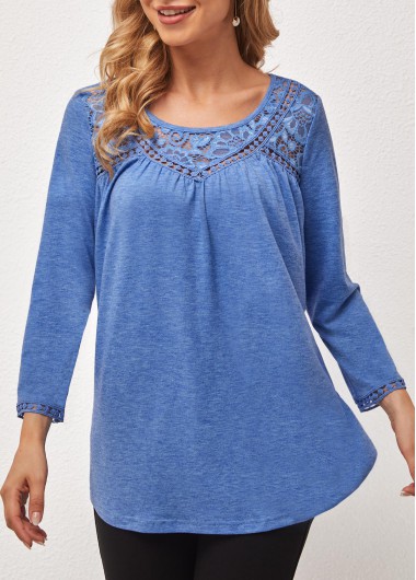 ROTITA Blue Lace Stitching Round Neck T Shirt