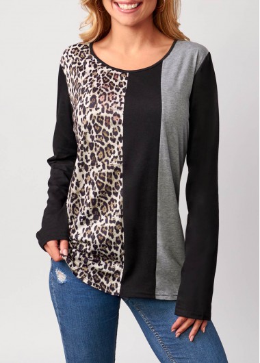 Leopard Round Neck Long Sleeve Black T Shirt