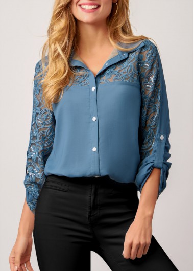 Mesh Stitching Embroidered Sequin Denim Blue Blouse