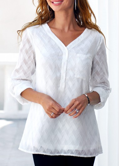 ROTITA Pocket V Neck White Long Sleeve Blouse