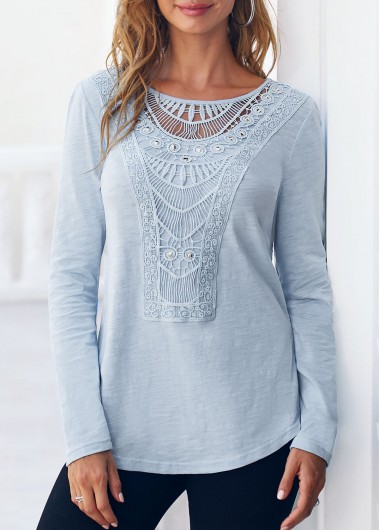 Lace Stitching Dusty Blue Long Sleeve T Shirt