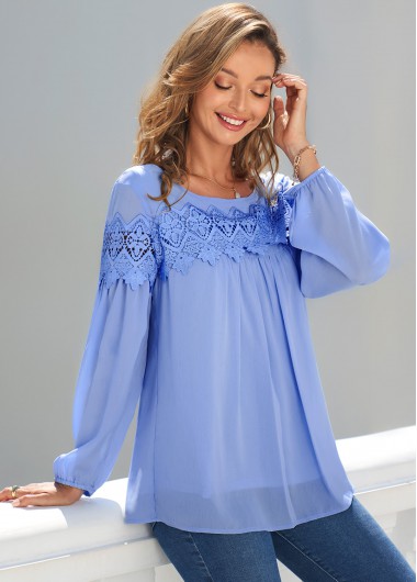 Lace Stitching Blue Long Sleeve Blouse