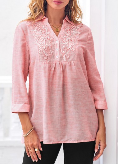 Lace Stitching Pink 3/4 Sleeve Blouse