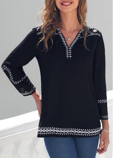 Printed Black Split Neck 3/4 Sleeve Blouse