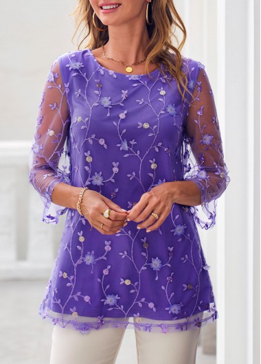 Purple Mesh Stitching Embroidered 3/4 Sleeve Blouse