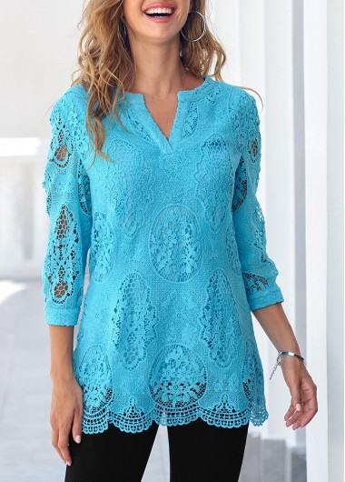 Lace Sky Blue Split Neck 3/4 Sleeve Blouse