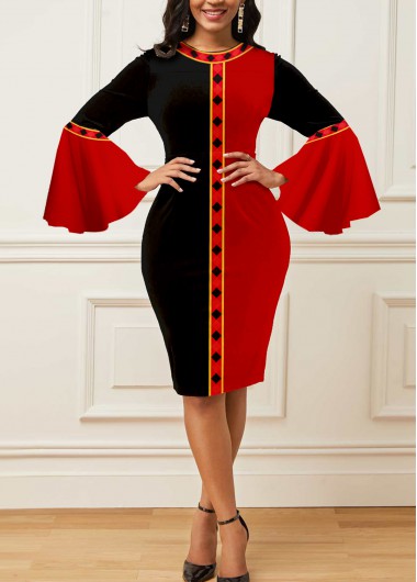Color Block Tribal Print Round Neck Dress