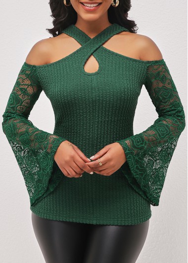 Lace Stitching Blackish Green Cold Shoulder T Shirt