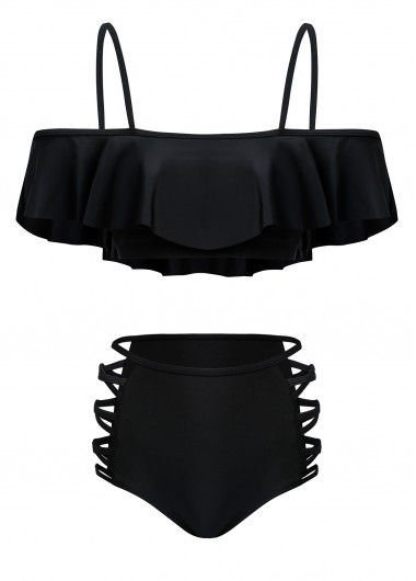 ROTITA Black Mid Waist Flounce Lace Up Bikini Set