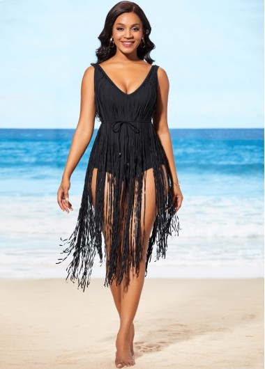 ROTITA Black Tassel Hem Belted One Piece Swimwear