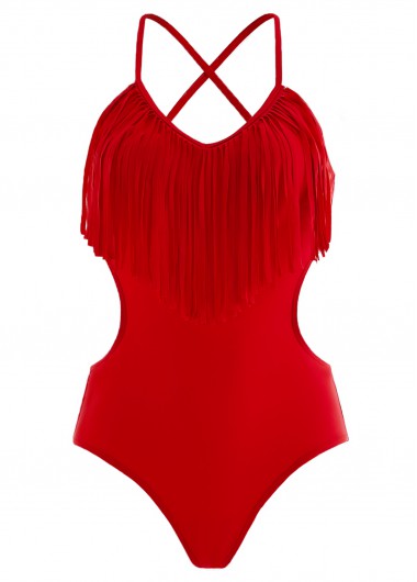 ROTITA Tassel Red Spaghetti Strap One Piece Swimwear