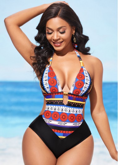 ROTITA Tie Back Tribal Print Metal Pendant One Piece Swimwear