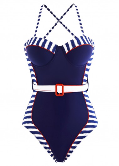 ROTITA Decorative Belt Striped Navy Blue One Piece Swimwear