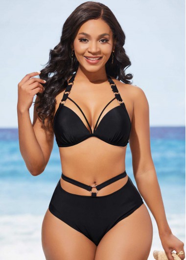 ROTITA Black Halter Metal Ring Detail High Waisted Bikini Set