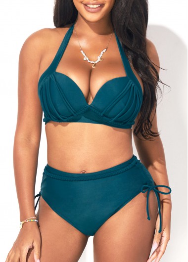 Mid Waist Peacock Blue Halter Bikini Set