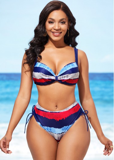 ROTITA Color Block Mid Waist Drawstring Side Bikini Set