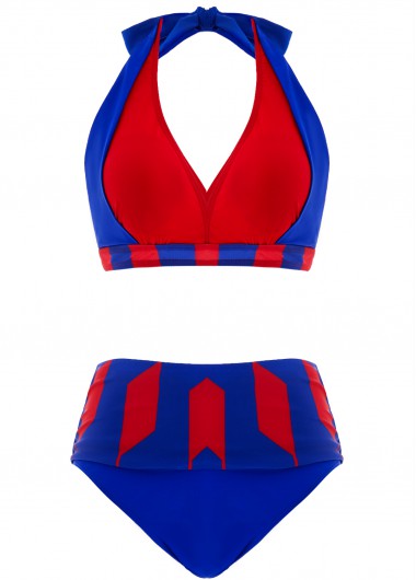 ROTITA Royal Blue Geometric Print High Waisted Bikini Set