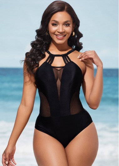 ROTITA Black Mesh Stitching Tie Back One Piece Swimwear