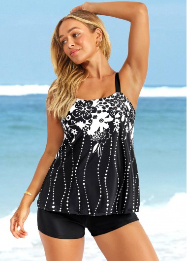 ROTITA Floral Print Black Wide Strap Tankini Top