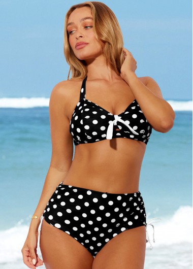Polka Dot High Waisted Halter Black Bikini Set