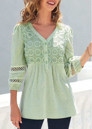 Lace Stitching Light Green V Neck T Shirt