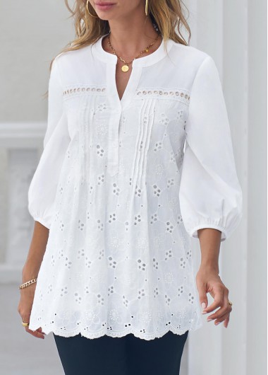 Hollow Out Split Neck White Embroidered Blouse