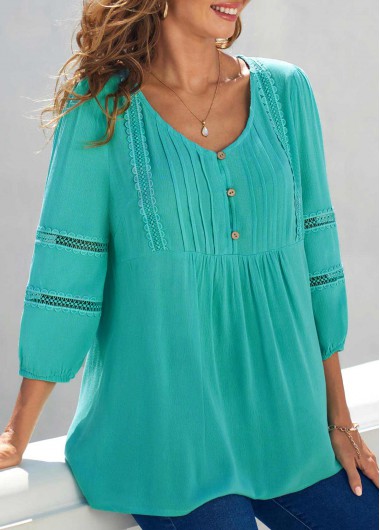 Lace Trim Cyan V Neck 3/4 Sleeve Blouse