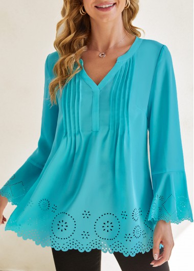Laser Cut Cyan Flare Sleeve Split Neck Blouse