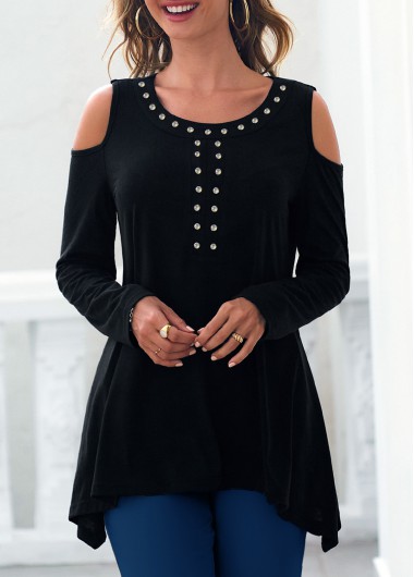 ROTITA Cold Shoulder Black Rhinestone Asymmetric Hem T Shirt