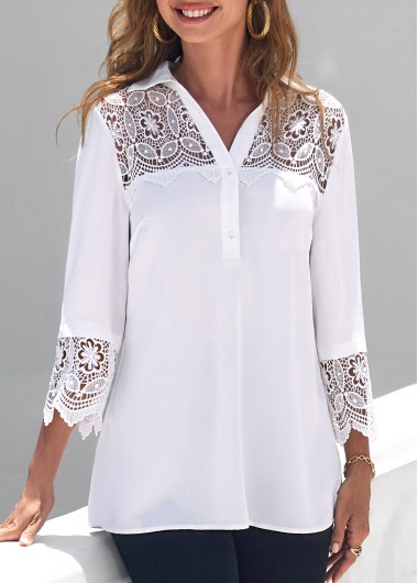 Lace Patchwork White Turndown Collar 3/4 Sleeve Blouse