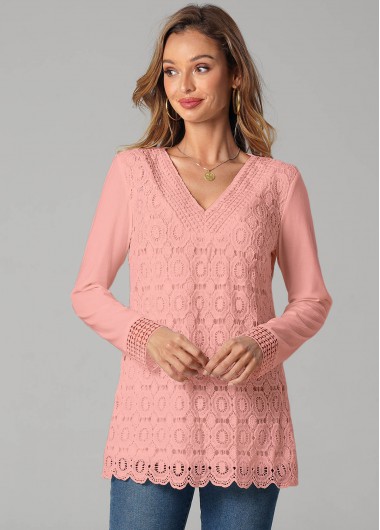 Lace Patchwork V Neck Pink T Shirt