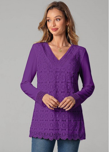 Lace Stitching Purple Long Sleeve T Shirt