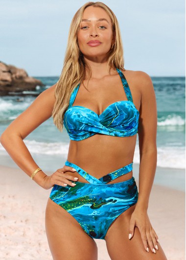 Marble Print High Waist Cyan Halter Bikini Set