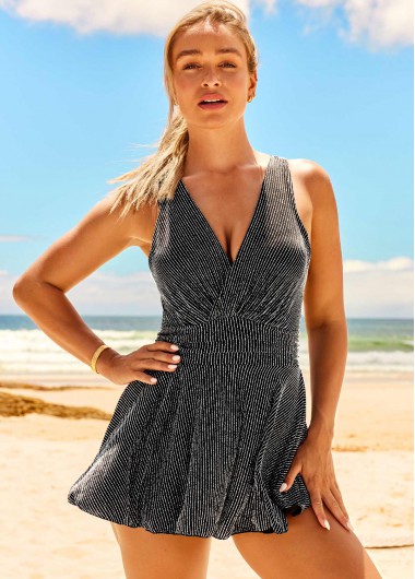 Shining Black Cross Strap Swimdress Top