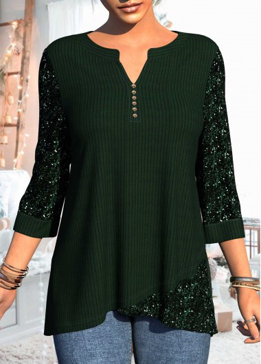ROTITA Asymmetric Hem Sequin 3/4 Sleeve Dark Green T Shirt