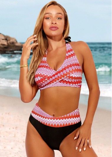 ROTITA Halter Tribal Print High Waisted Orange Bikini Set