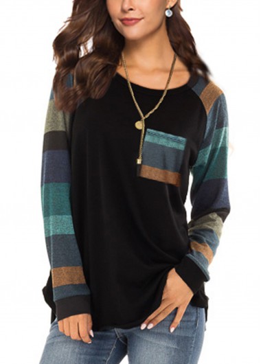 Pocket Long Sleeve Black Striped T Shirt