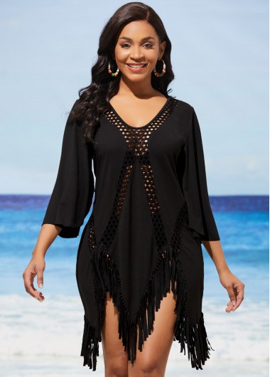Tassel Asymmetric Hem Black Hollow Out Cover Up