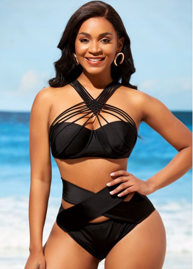 Knitted Cross Front High Waist Black Bikini Set