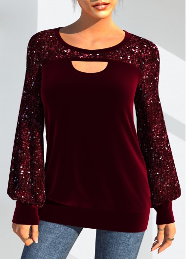Sequin Cutout Detail Lantern Sleeve Wine Red Sweatshirt