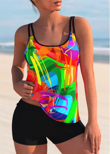 ROTITA Stroke Print Rainbow Color Wide Strap Tankini Top