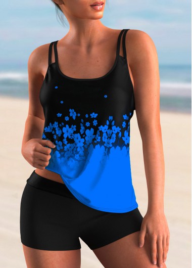Ombre Floral Print Blue Tankini Top