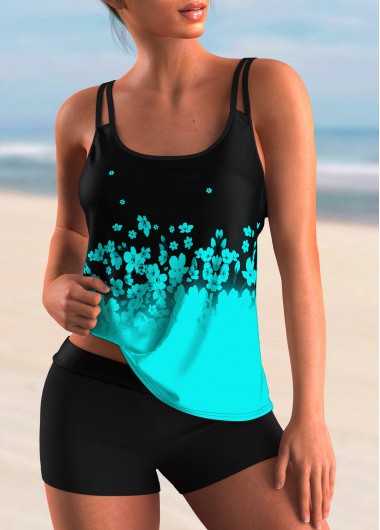 Ombre Floral Print Cyan Tankini Top