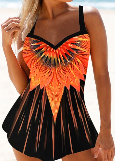 Printed Wide Strap Orange Swimdress Top