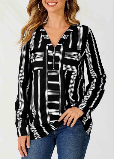 ROTITA Striped V Neck Color Block Zipper Detail Blouse
