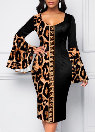 Fret Print Sweetheart Neckline Leopard Flare Sleeve Dress