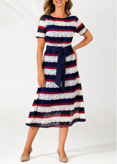 Lace Panel Striped Color Block Belted Dress