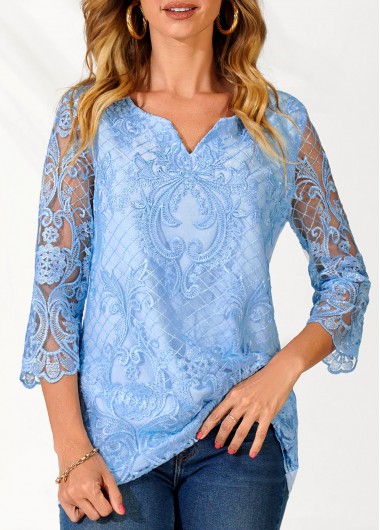 Split Neck Light Blue Lace Stitching Blouse